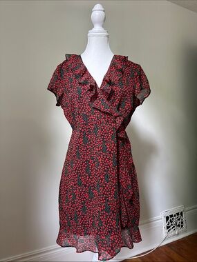 BARDOT Cherry Ruffle Faux Wrap Cottagecore Preppy Summer Mini Dress Medium